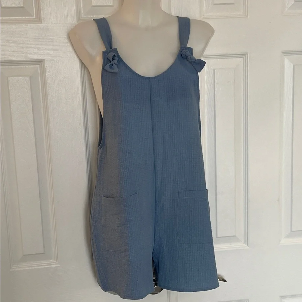EMORY ROSE BLUE SLEEVELESS KNOT FRONT POCKET PATCHED OVERALL ROMPER SZ MED - Picture 3 of 10